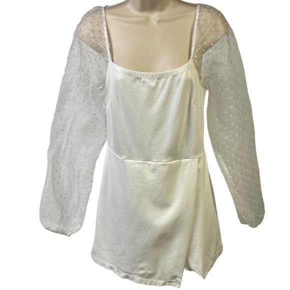 Altar'd State Pants - Altar’d State Romper Large White Sheer Polka Dot Puff Sleeve Boho Square Neck